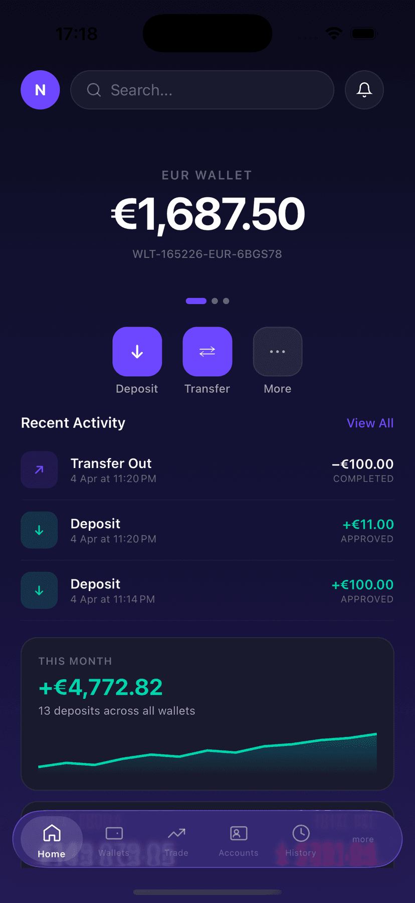 Home dashboard with wallet balance and activity