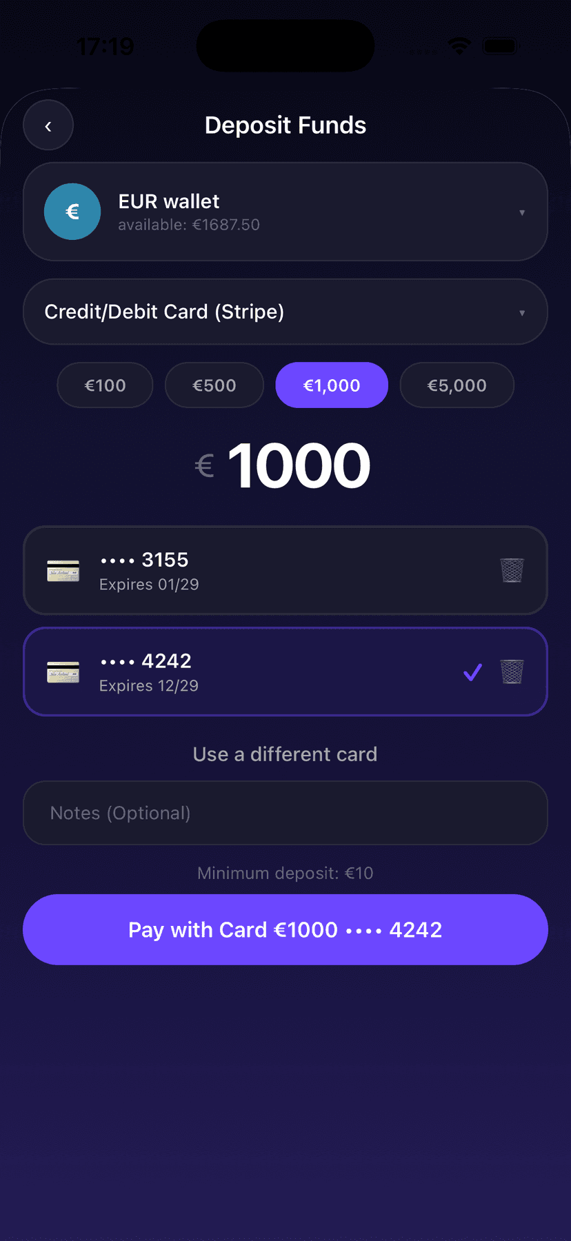 Deposit funds screen
