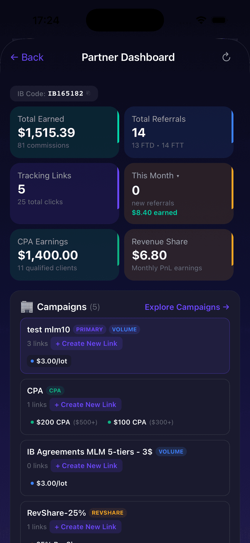 Partner dashboard with commissions