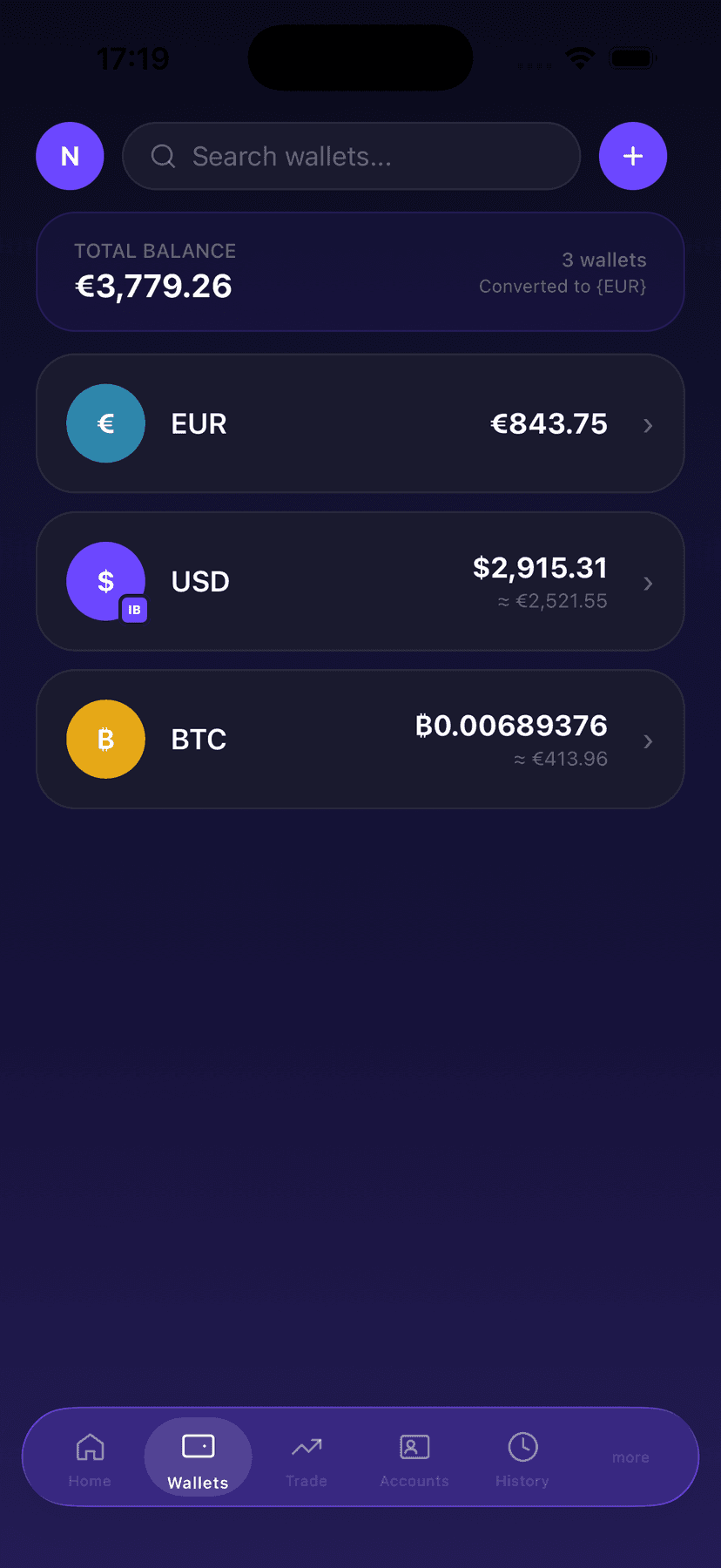 Multi-currency wallets screen