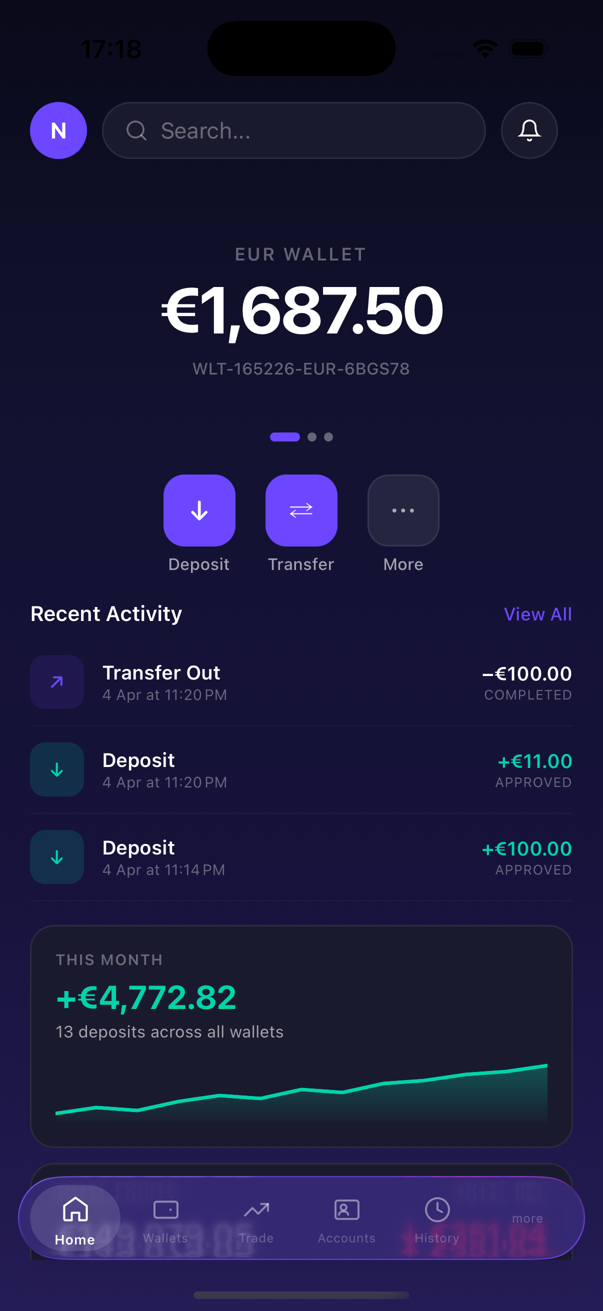 Home dashboard with wallet balance, quick actions, and recent activity